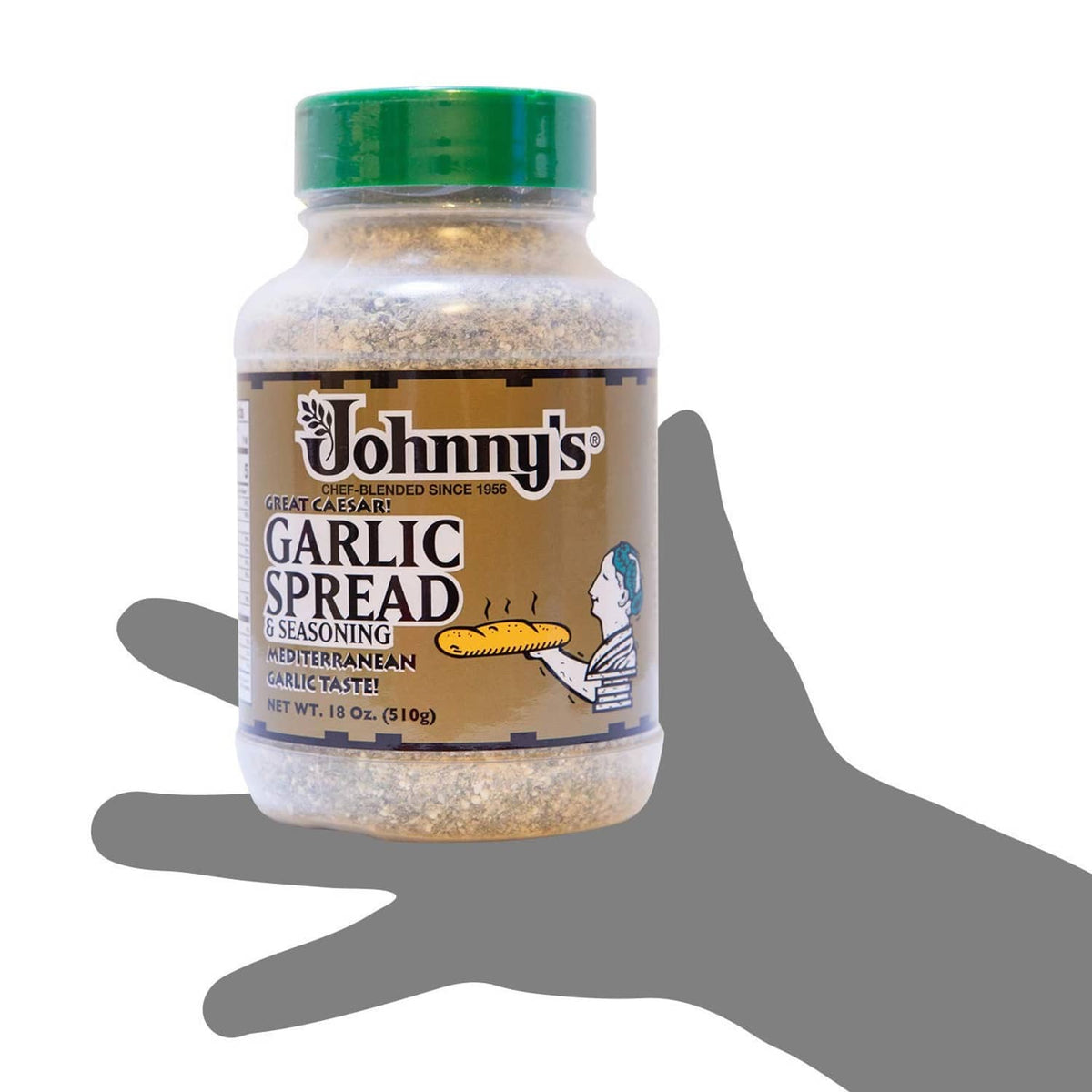 Garlic spread seasoning jar with green cap and front label for garlic seasoning
