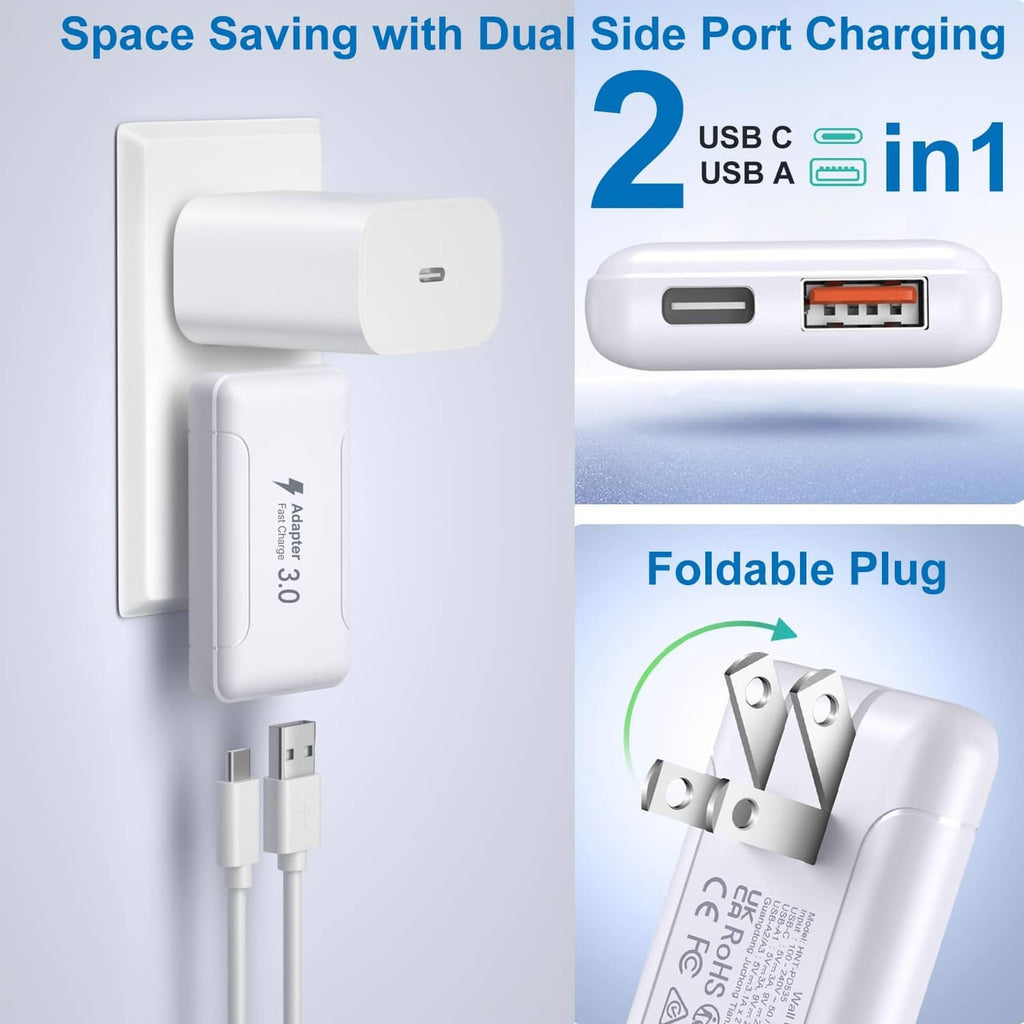 White wall charger with USB-C and USB-A ports, foldable plug, slim compact body.