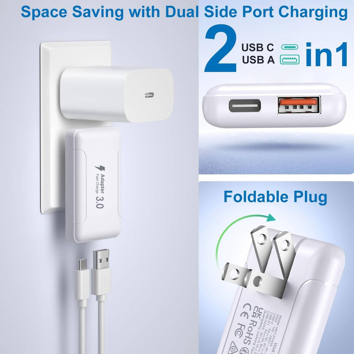 White wall charger with USB-C and USB-A ports, foldable plug, slim compact body.