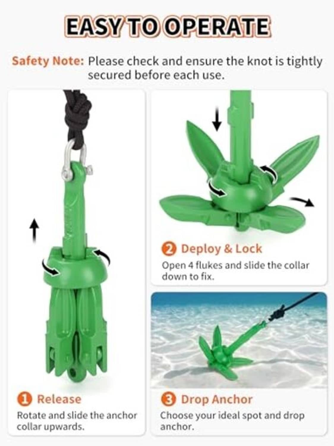 Green folding grapnel anchor kit with rope line, release collar, carabiner and buoy ball