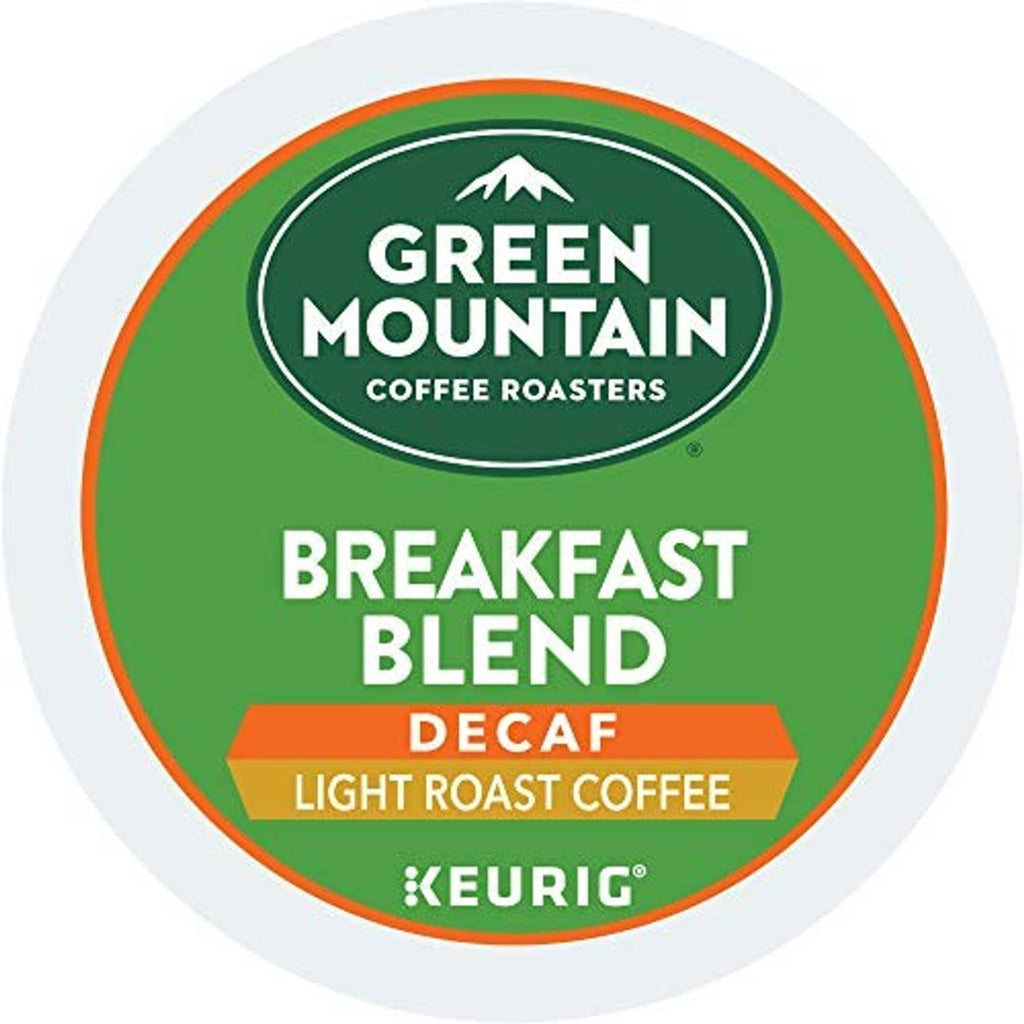 Green Mountain decaf breakfast blend coffee pod label, light roast for Keurig