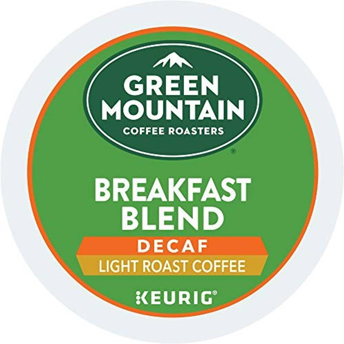 Green Mountain decaf breakfast blend coffee pod label, light roast for Keurig