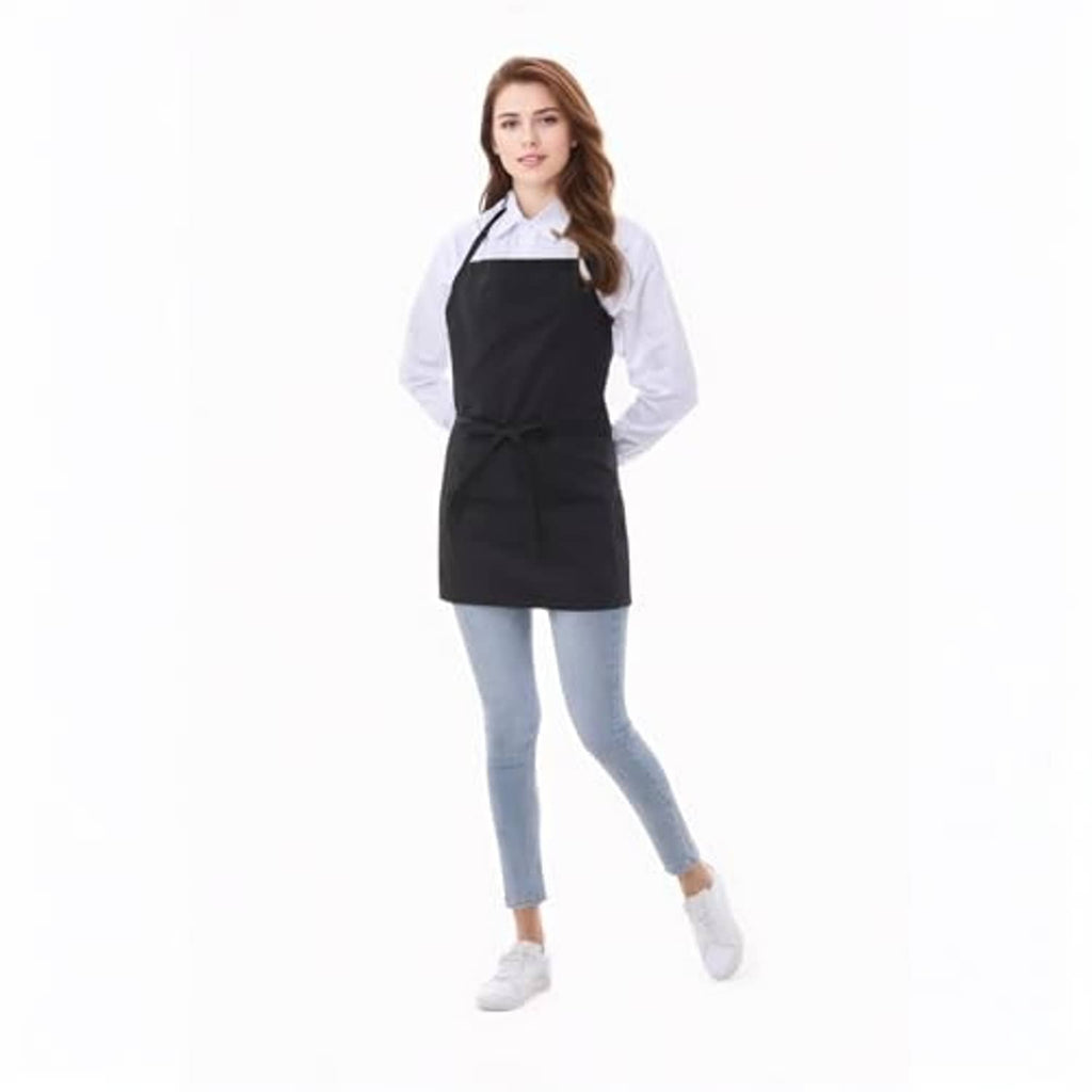 Black cotton short apron with 3 pockets, neck straps, and tied waist at the front.