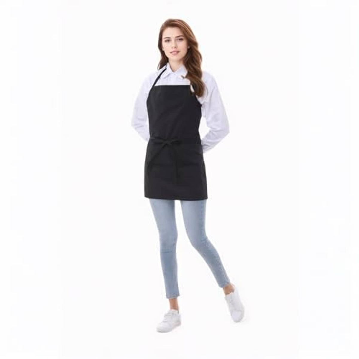 Black cotton short apron with 3 pockets, neck straps, and tied waist at the front.