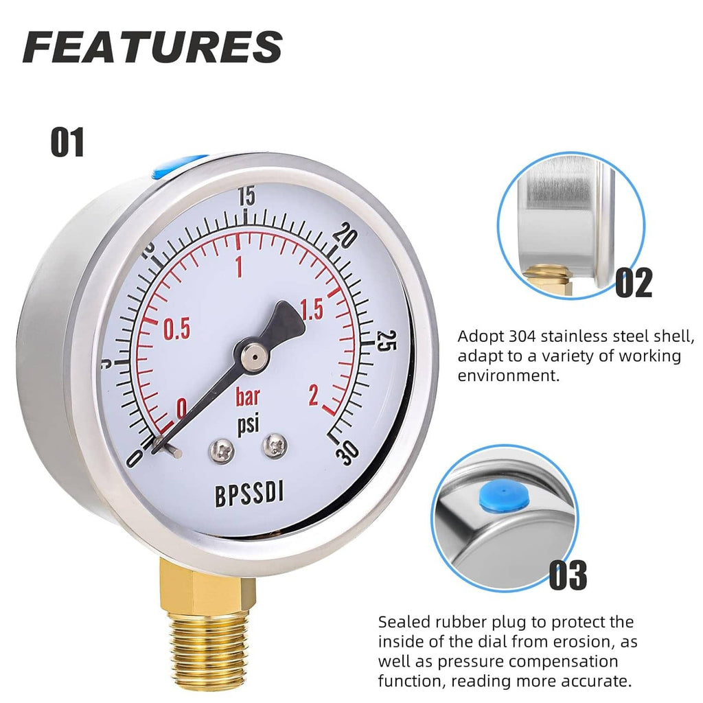 Low pressure gauge with 304 stainless steel case and sealed rubber plug on dial