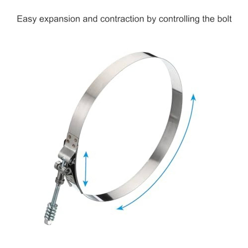 Stainless steel T-bolt hose clamp showing spring travel for tightening and loosening