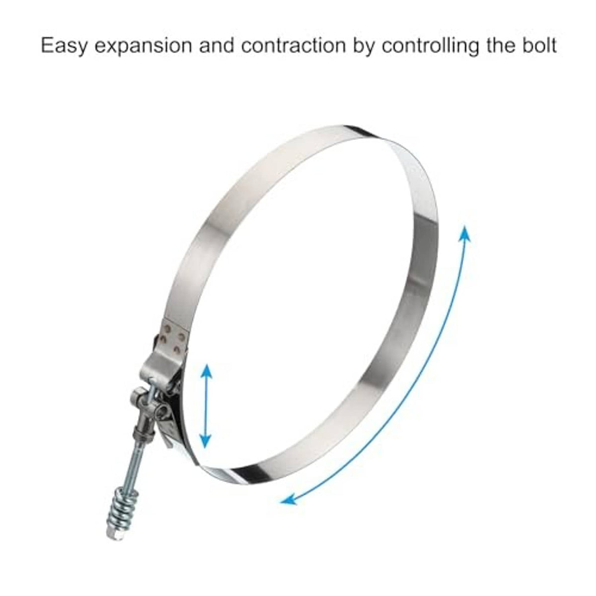 Stainless steel T-bolt hose clamp showing spring travel for tightening and loosening