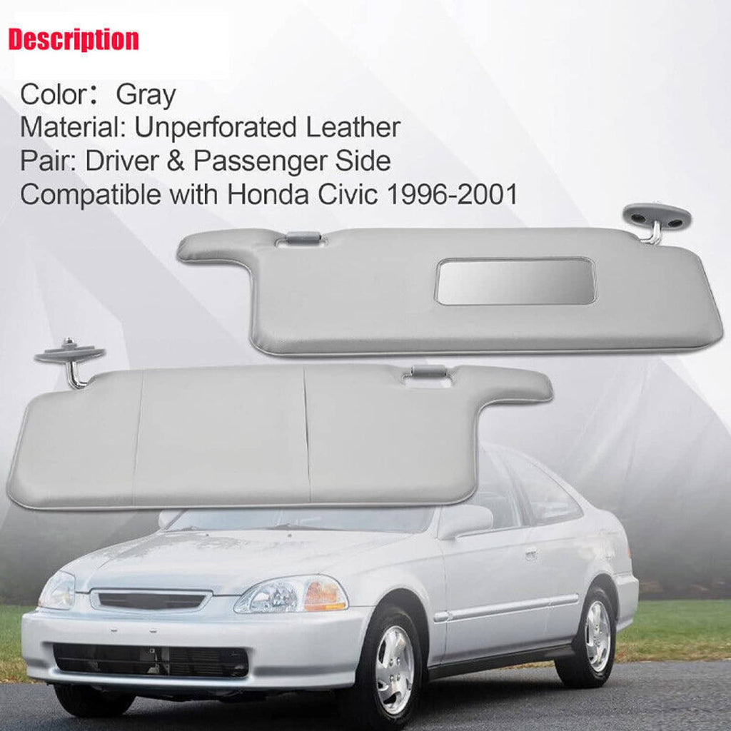 Gray sun visor set showing mirror opening, clips, and driver side tab