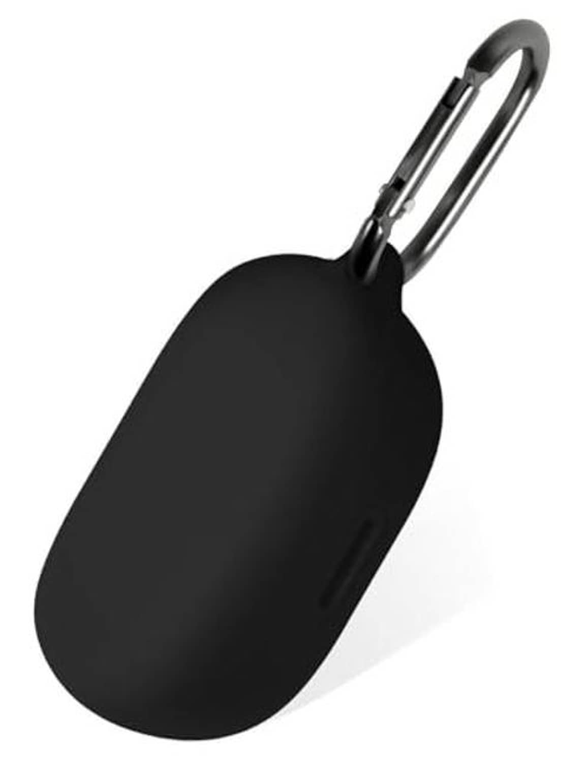 Black silicone earbuds carrying case with carabiner clip, oval protective cover