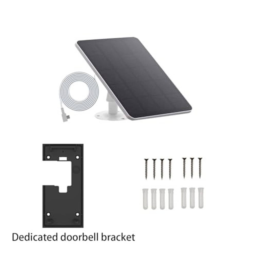 Solar charger kit includes dark panel, dedicated bracket, coiled cable, and screws
