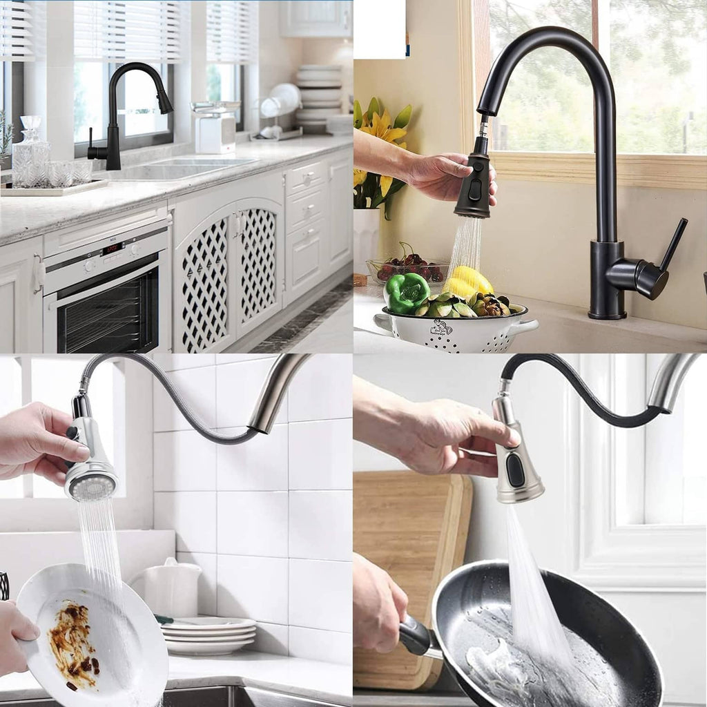 Pull-down kitchen faucet head spraying water over sink during kitchen use