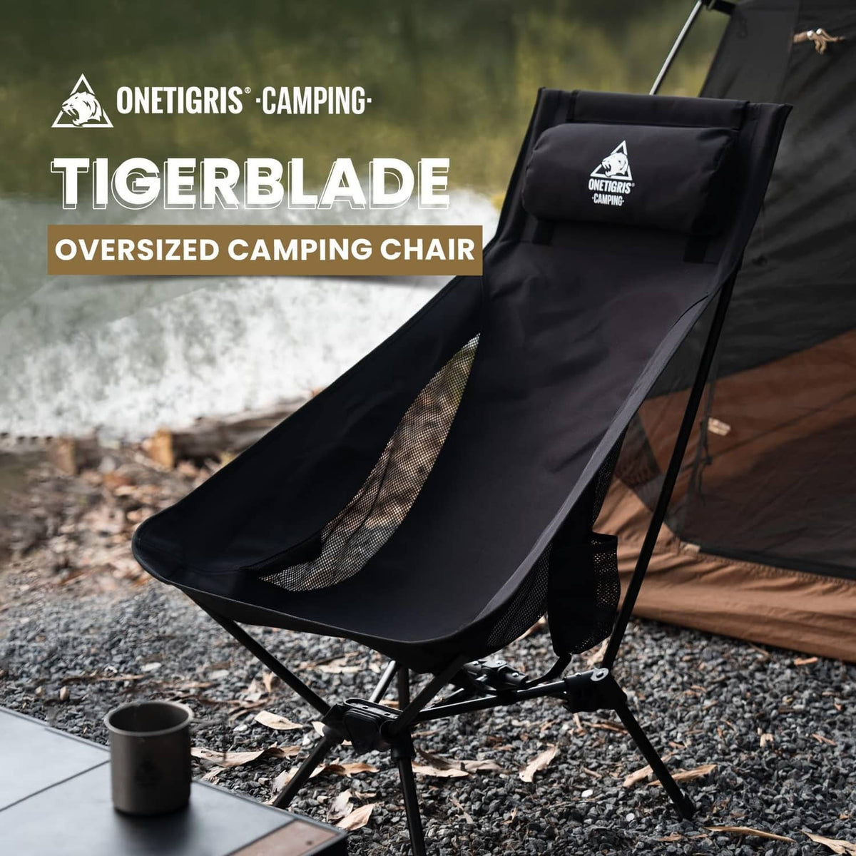 Oversized black high-back camping chair with mesh under-seat panel