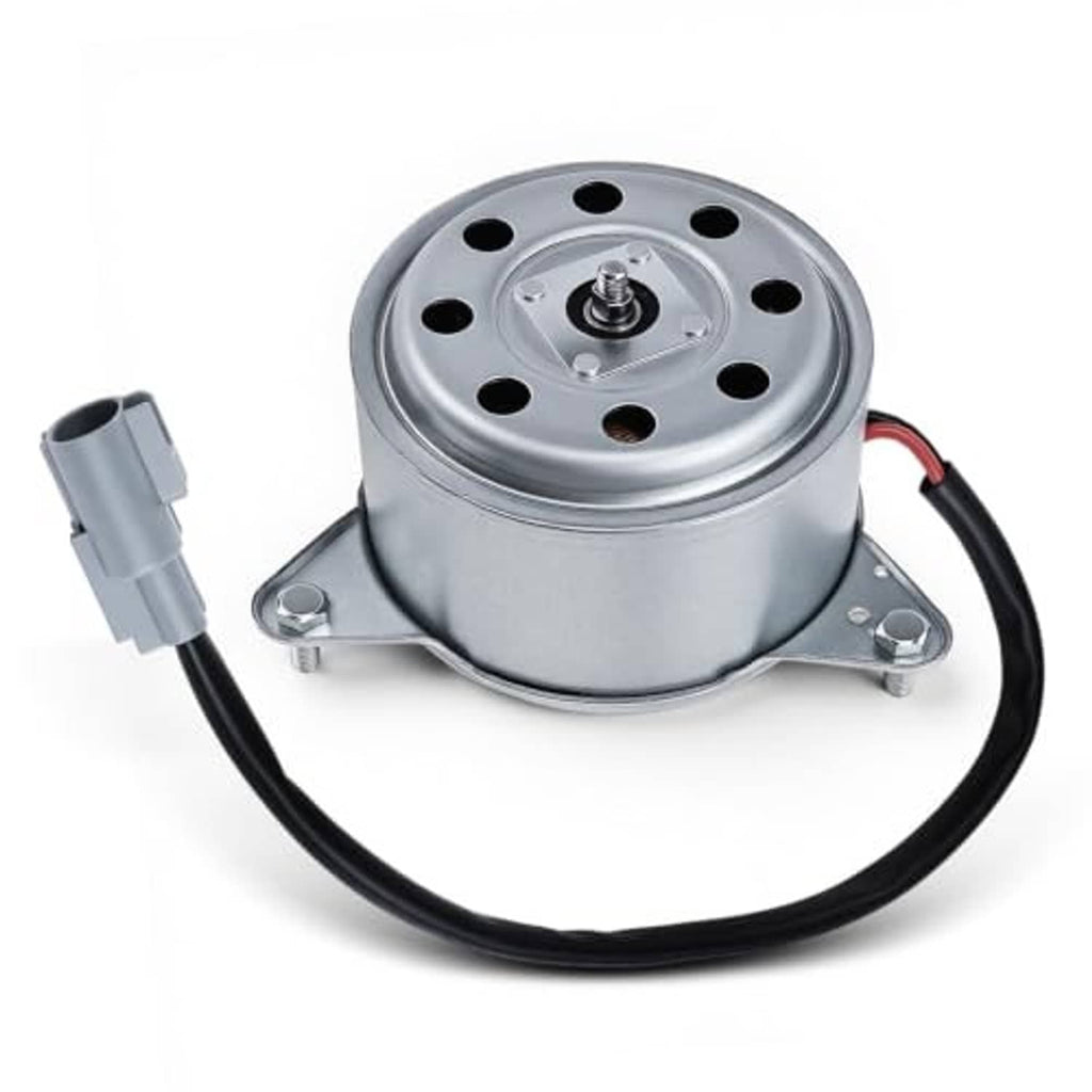 Radiator cooling fan motor with circular metal housing and attached electrical connector