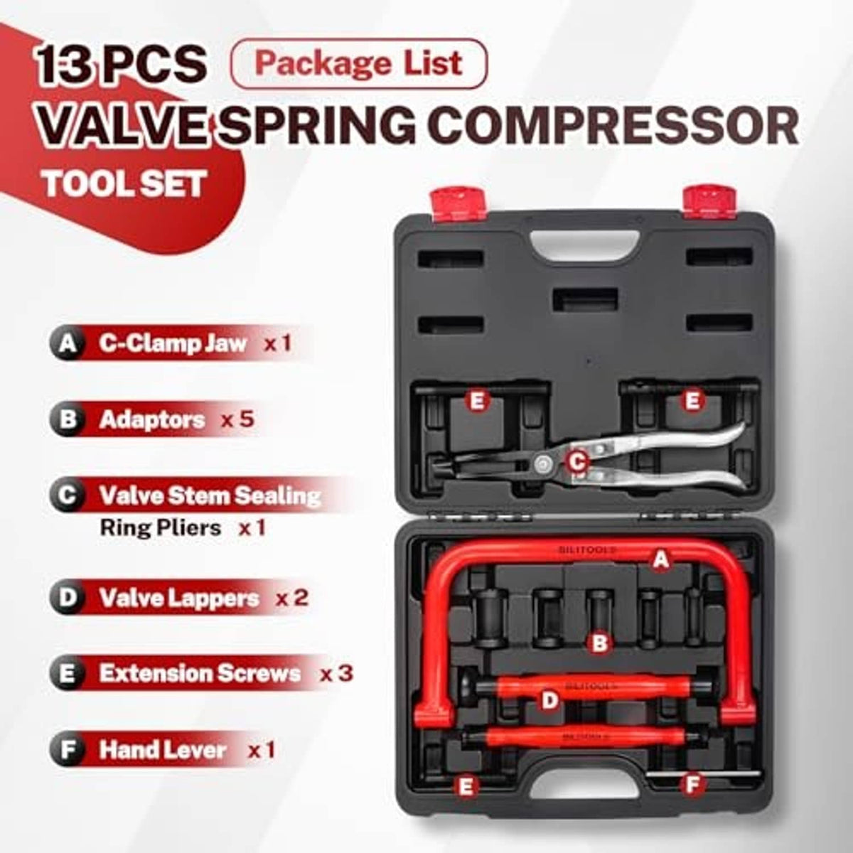 13-piece valve spring compressor tool set with red frame, adaptors, and lappers in case