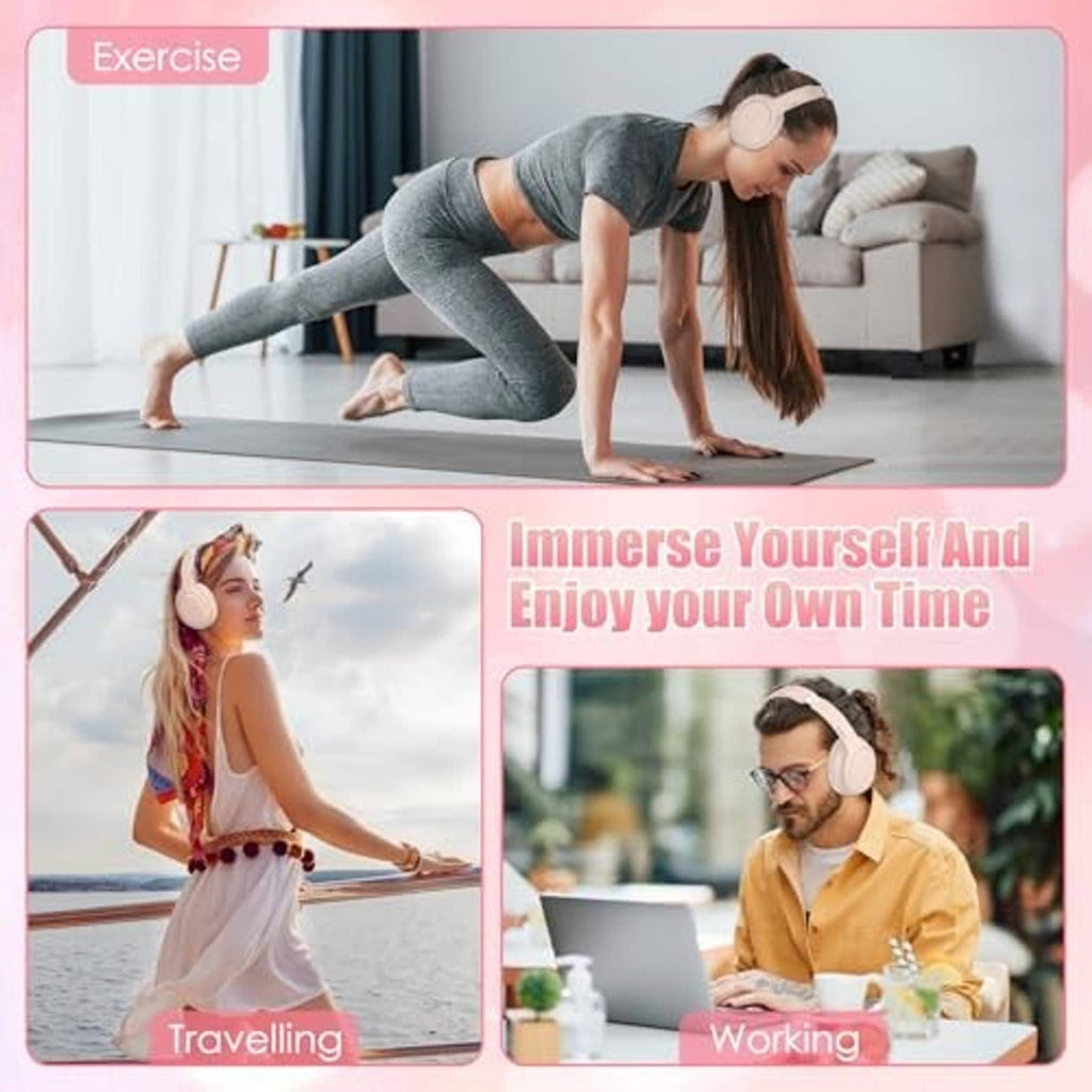 Light pink over-ear wireless headphones being worn for exercise and work