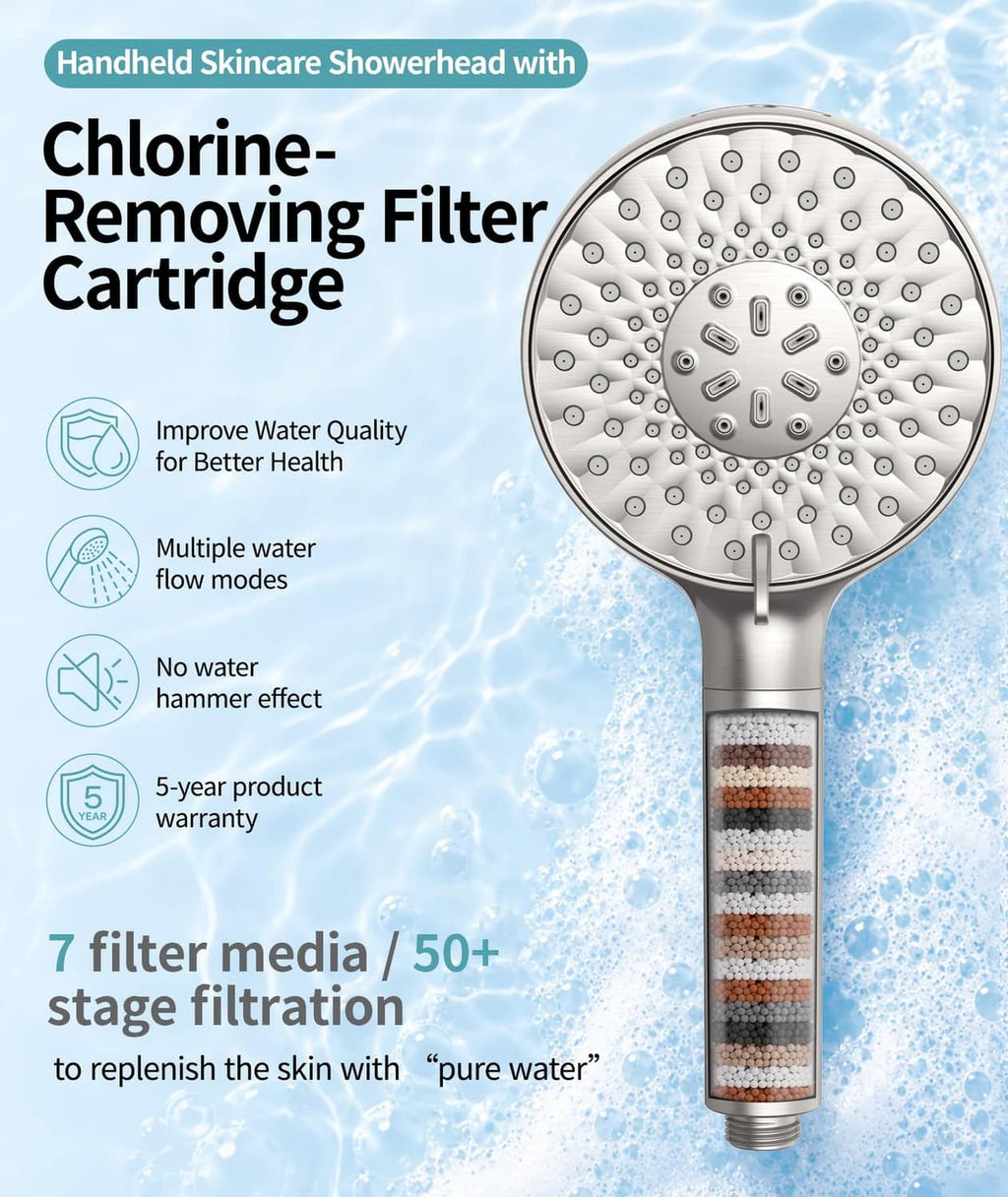 Brushed nickel handheld shower head with chlorine-removing filter cartridge, front view