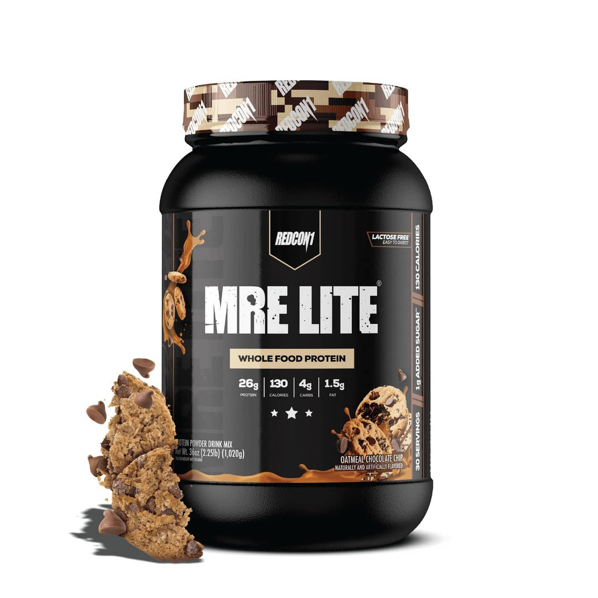 REDCON1 MRE LITE whole food protein powder tub, oatmeal chocolate chip flavor