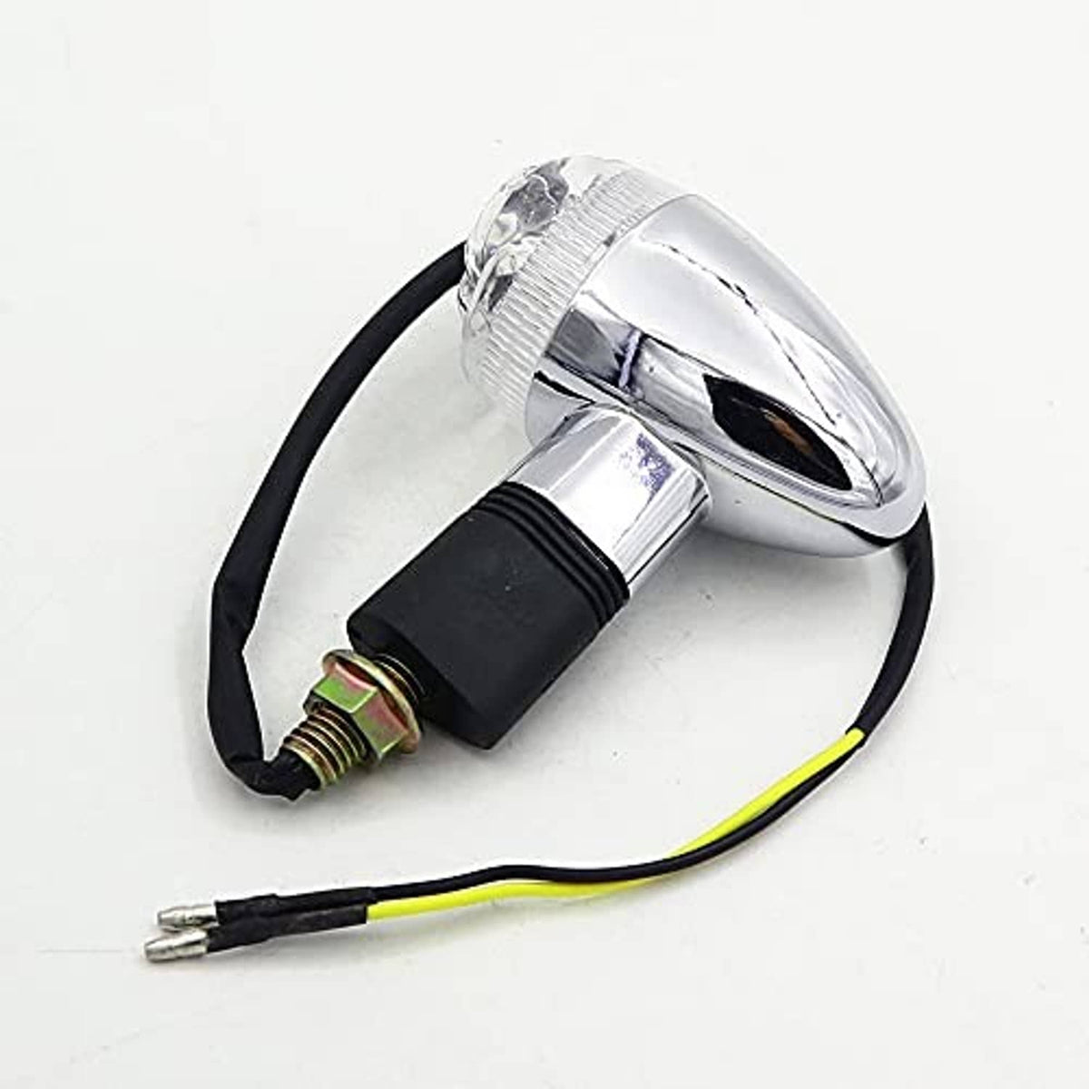 Universal motorcycle skull turn signal light with chrome housing, clear lens, black cable
