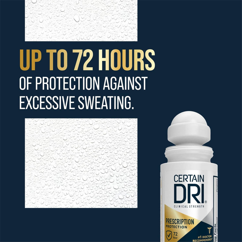 Certain Dri clinical strength prescription roll-on antiperspirant bottle with water-drop graphic