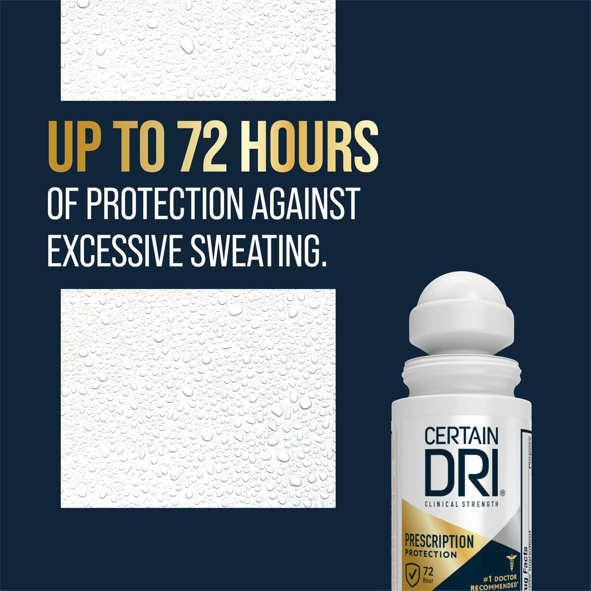 Certain Dri clinical strength prescription roll-on antiperspirant bottle with water-drop graphic