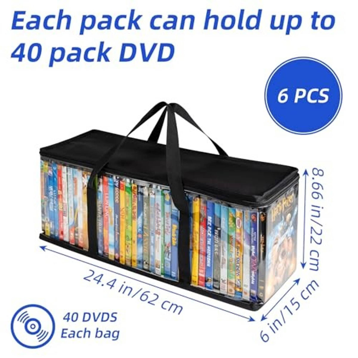 6-pack DVD storage bags with clear PVC sides and black carry handles