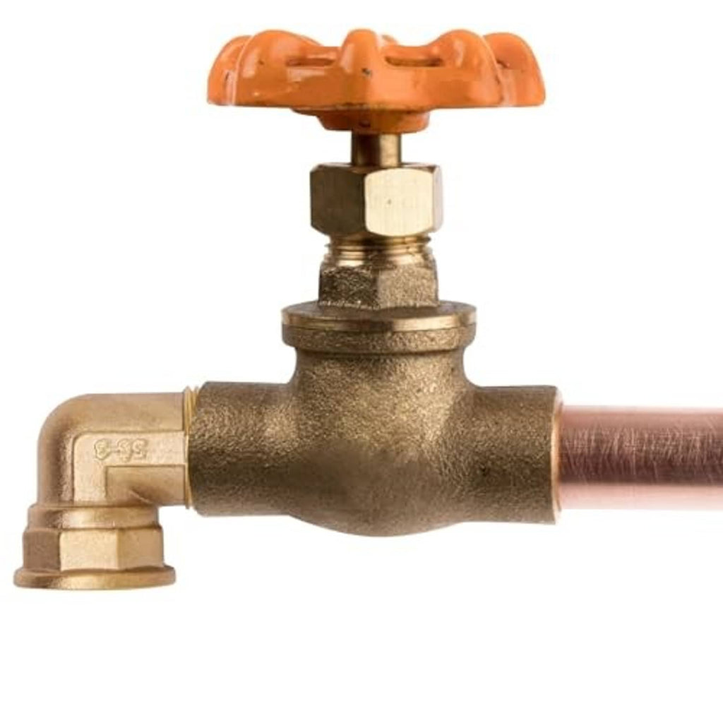 Brass 90-degree valve elbow fitting with orange handle and threaded ports