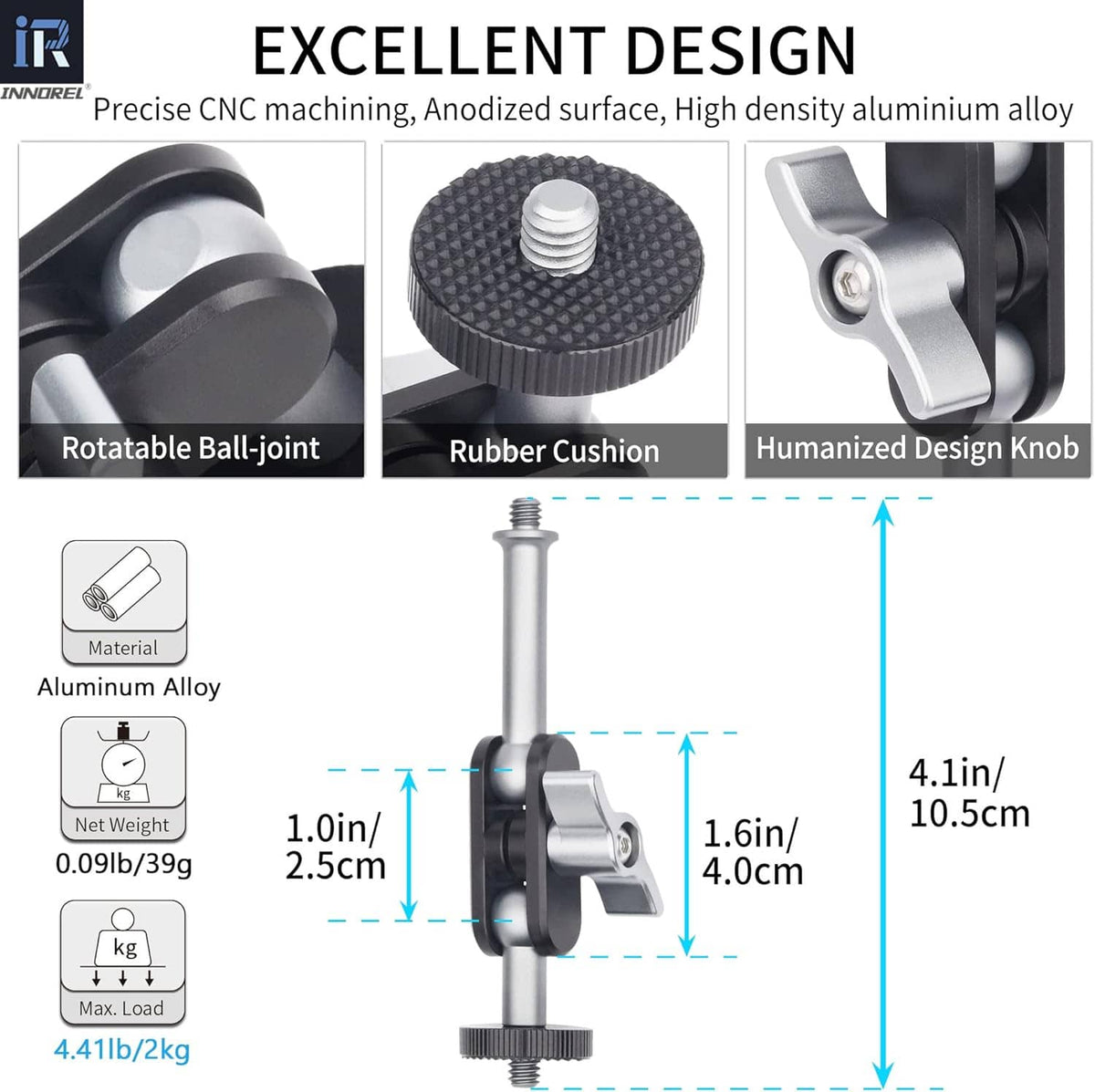 Dual ball-joint mount for tripod with rubber cushion base and knurled tightening knob