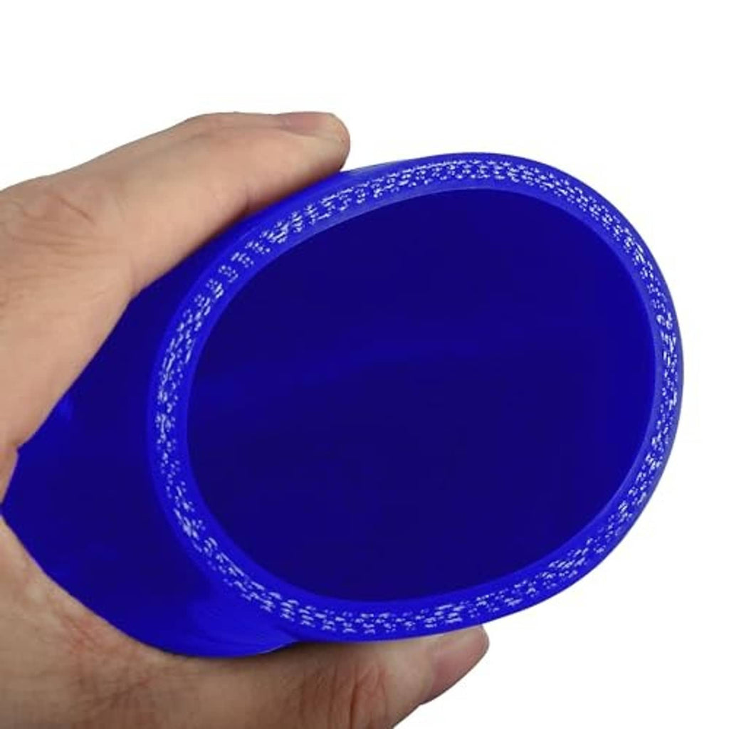 Blue silicone 90-degree hose elbow, close-up of open end with reinforced rim