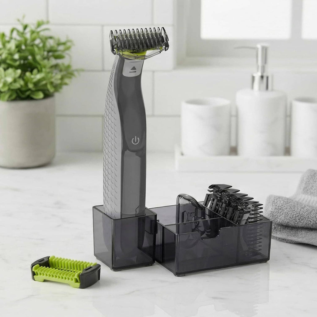 OneBlade trimmer base with lime guide comb and clear organizer holding replacement guards
