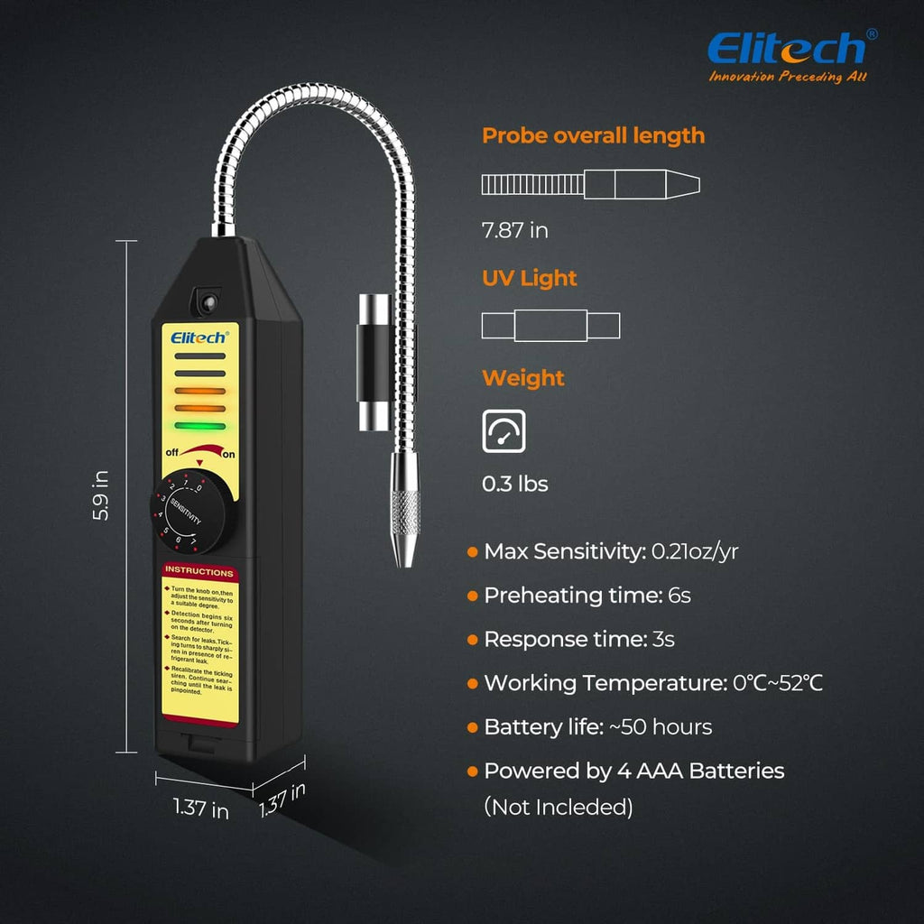 Halogen refrigerant leak detector with extended probe, showing indicator panel and UV tip.