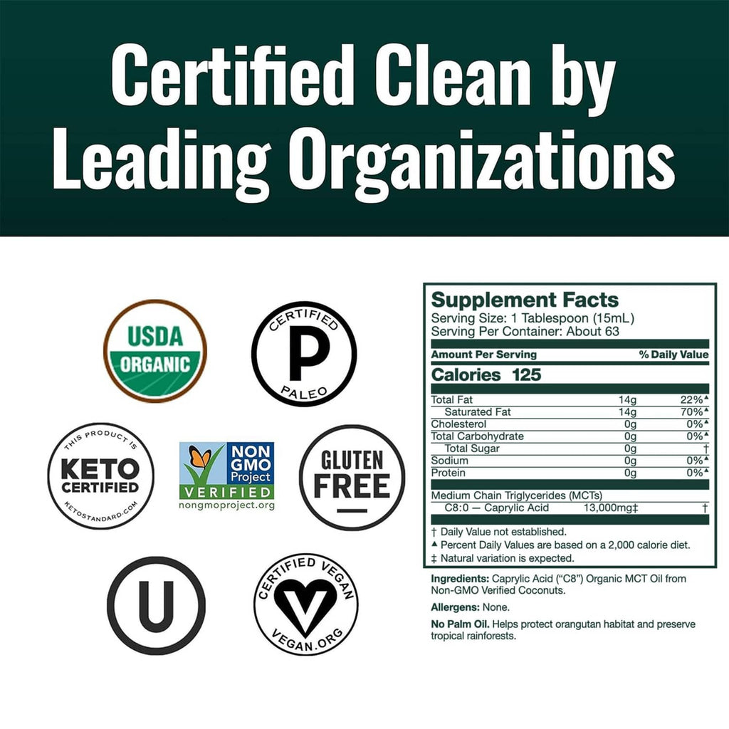 Supplement facts and certification badges for Pure C8 MCT oil