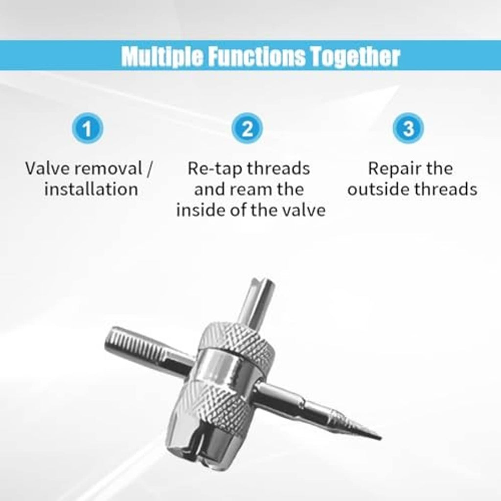 Metal valve stem remover/installer head with threaded tip and cross-drill handle
