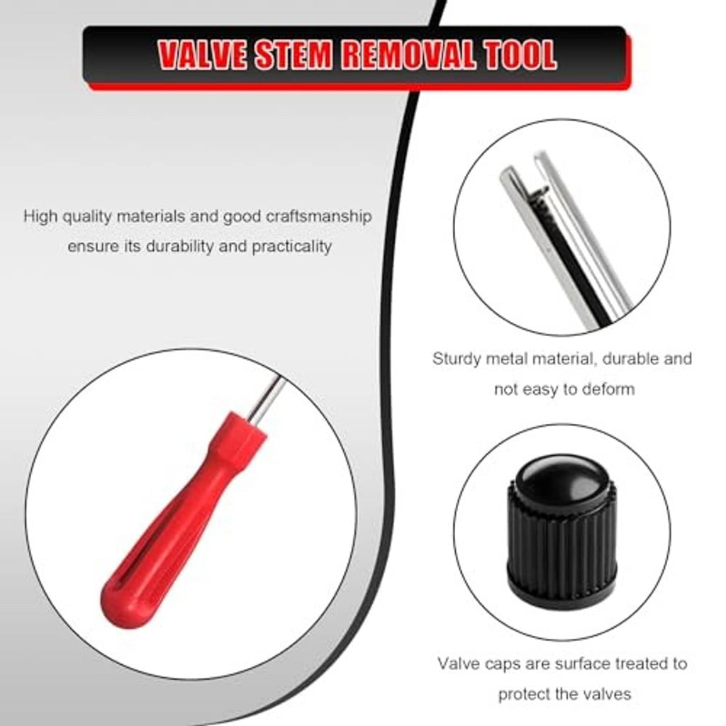 Valve stem removal tool with red handle and metal shaft, plus black valve caps