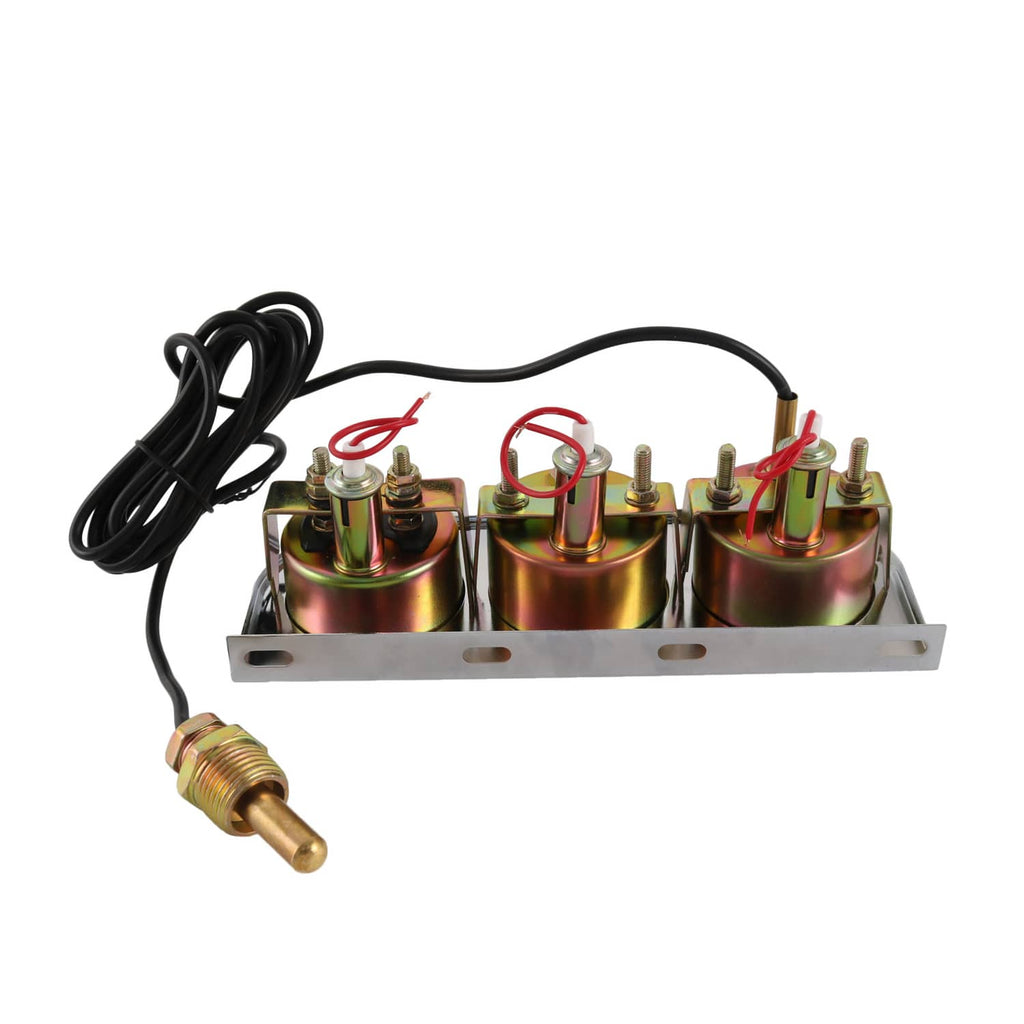 Three-gauge sensor module with mounting plate, terminals, and red wire leads