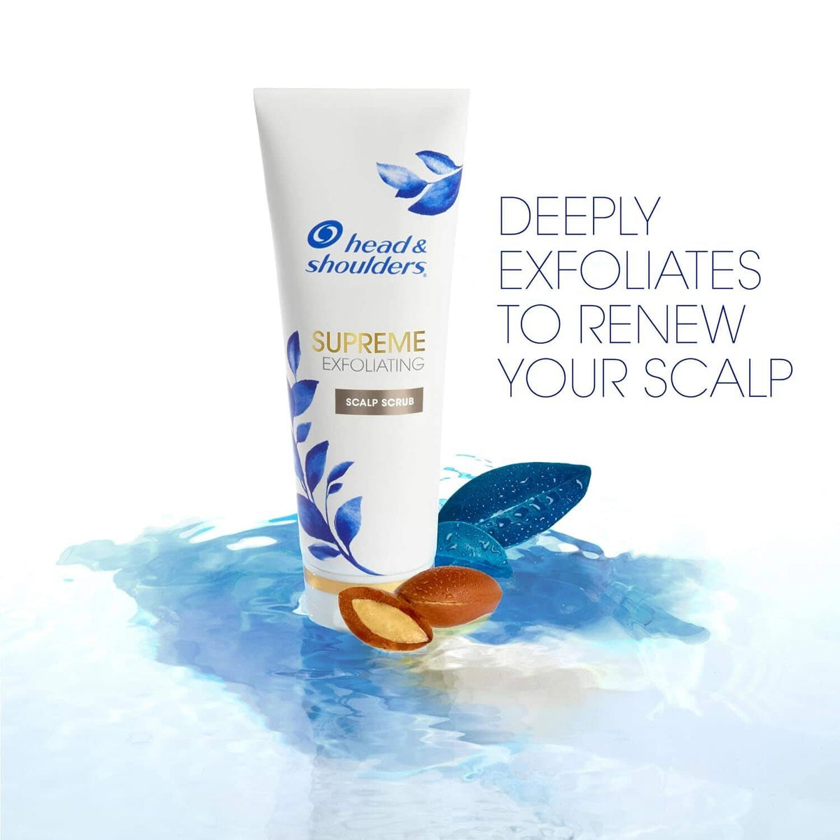 head & shoulders Supreme exfoliating scalp scrub tube, white with blue leaf design