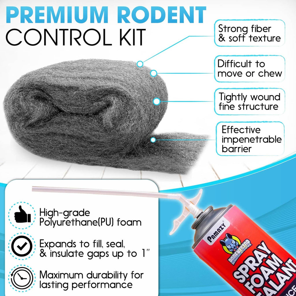 Premium rodent control kit with gray steel wool, PU foam applicator, and sealant