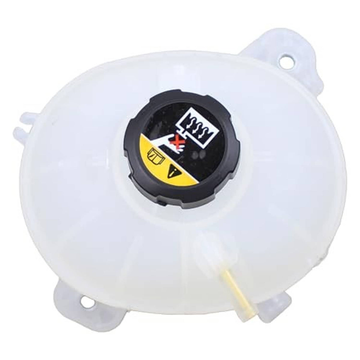 Engine coolant reservoir tank with cap, top view of black safety cap with warning icons