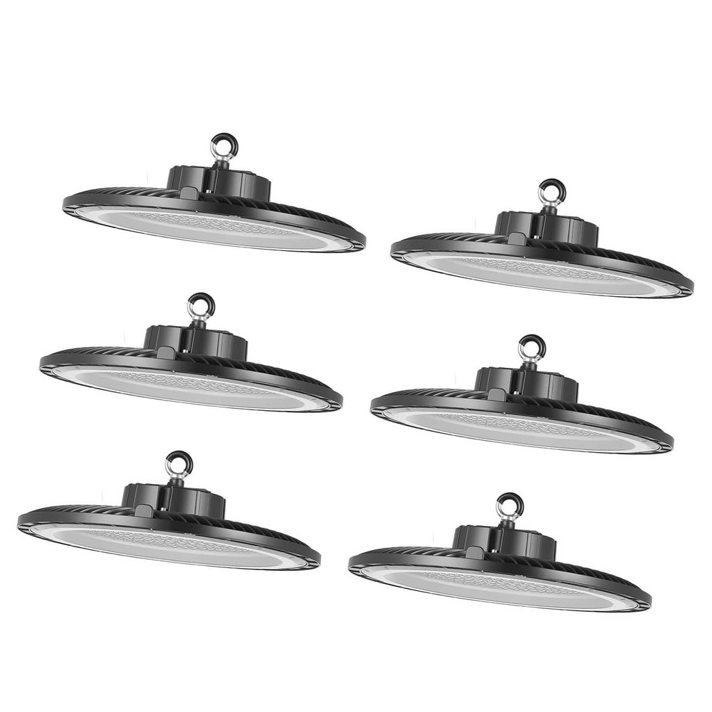 Set of five LED high bay lights with black circular housings and hanging hooks