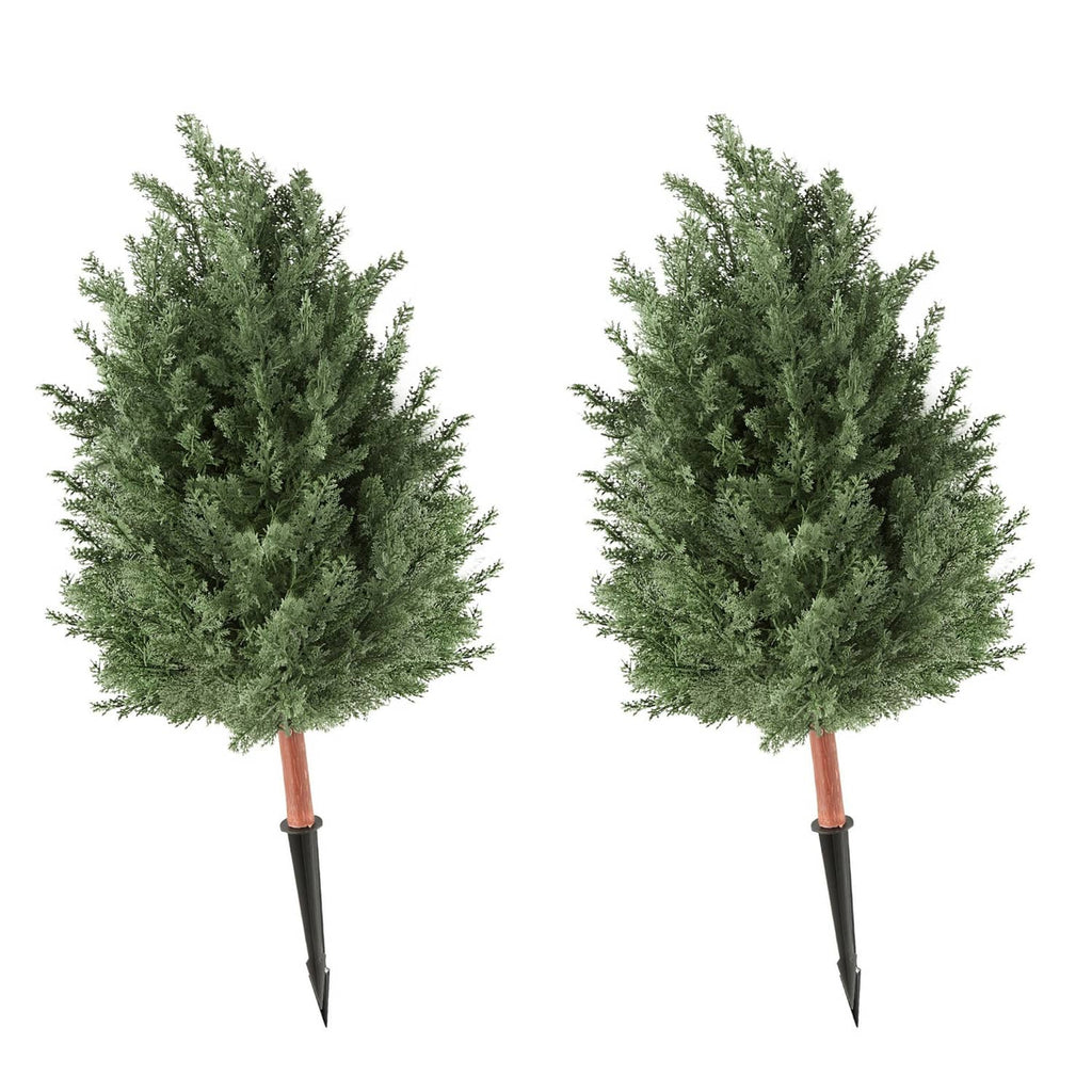 Set of 2 artificial cedar topiary bushes, green PE leaves on brown stems