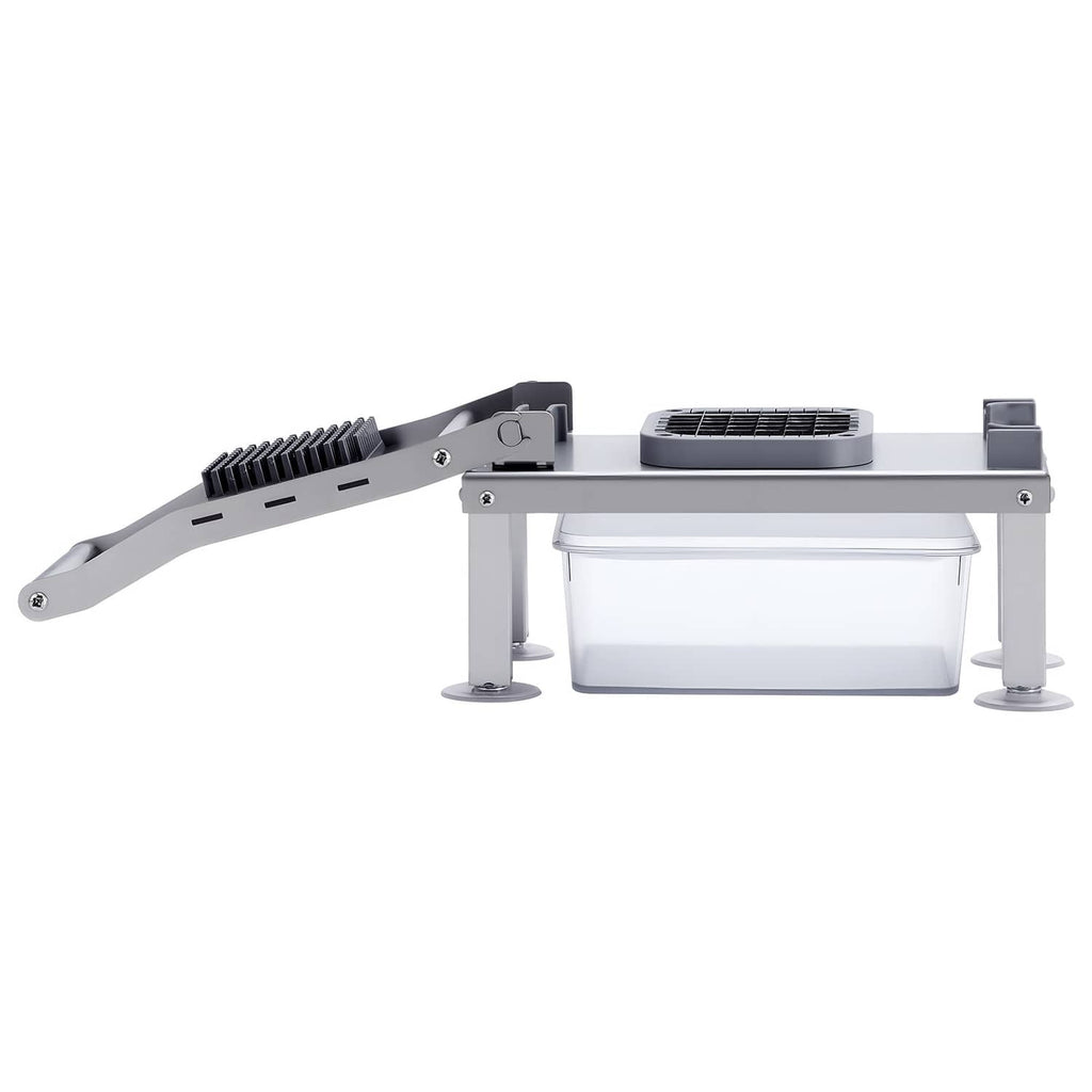 Vegetable chopper slicer with side handle, blade comb, and clear food container