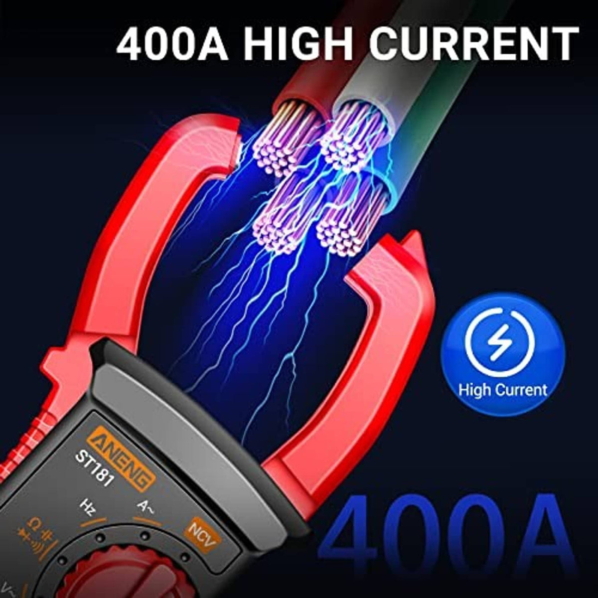 Clamp meter gripping cable with 400A high-current indicator graphic