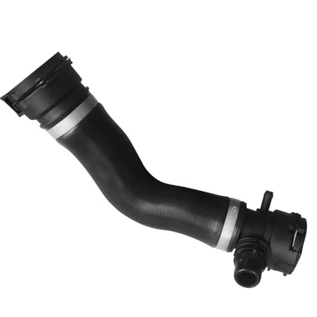Curved black coolant hose with clamp-style end fittings and radiator connection