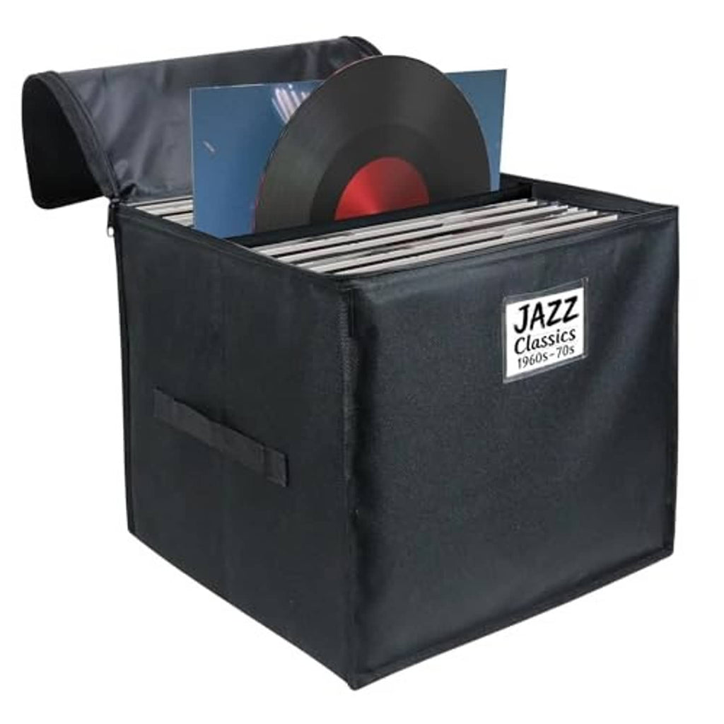 Black vinyl record storage box with zipper lid and open top for record organization