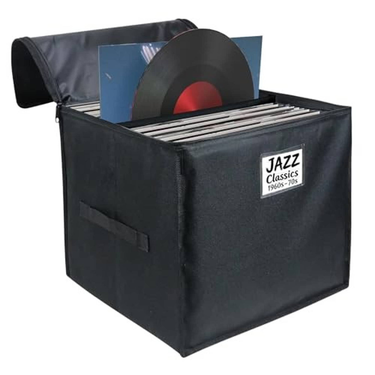 Black vinyl record storage box with zipper lid and open top for record organization
