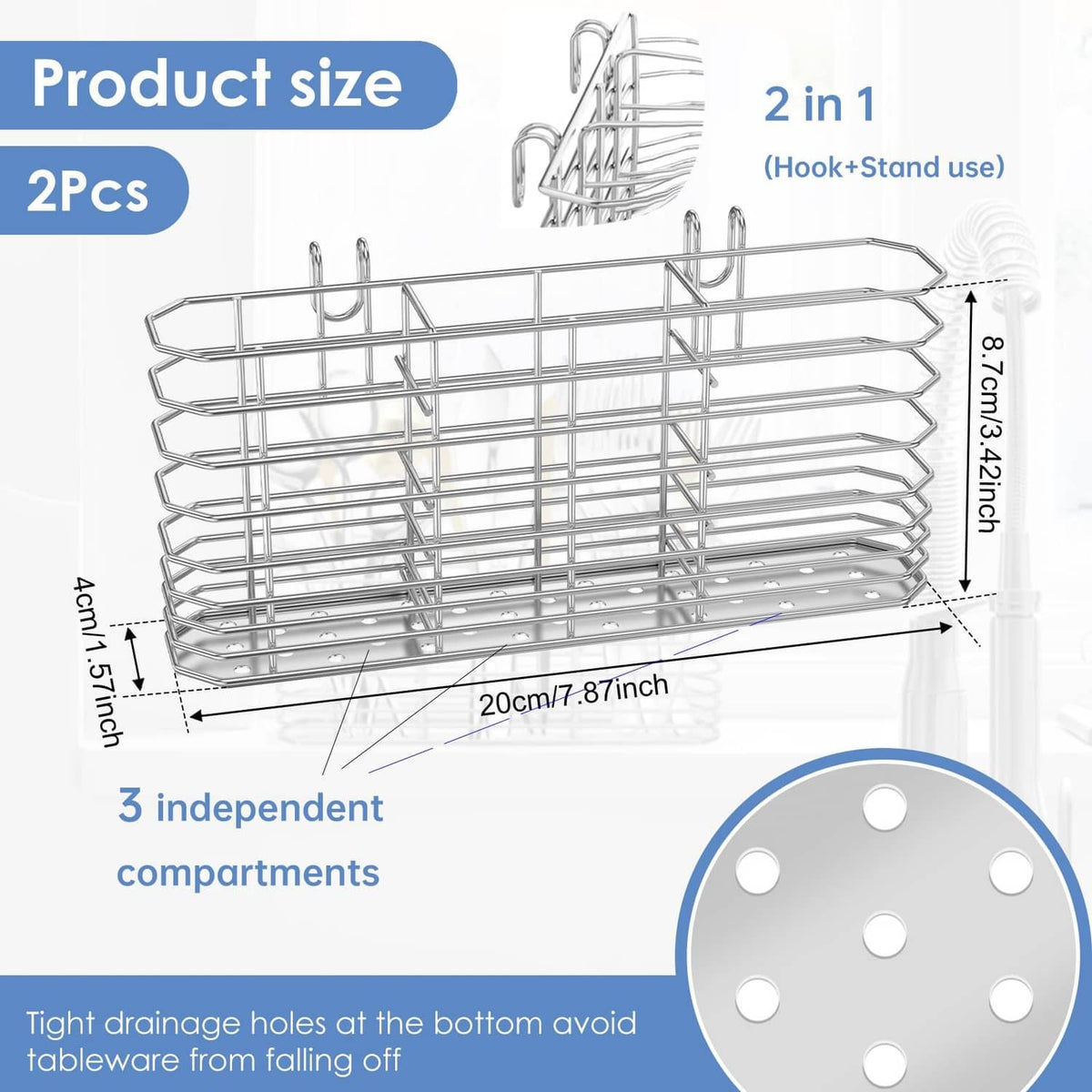 Stainless steel utensil drying rack, 2 in 1 hook and stand design