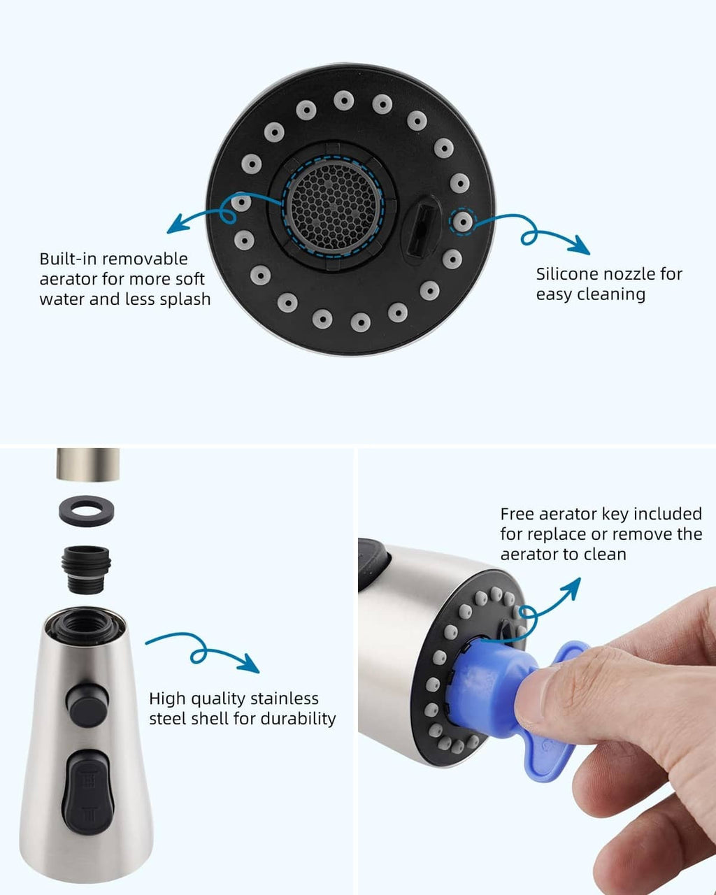 Removable aerator pull-down sprayer head with silicone nozzle for easy cleaning
