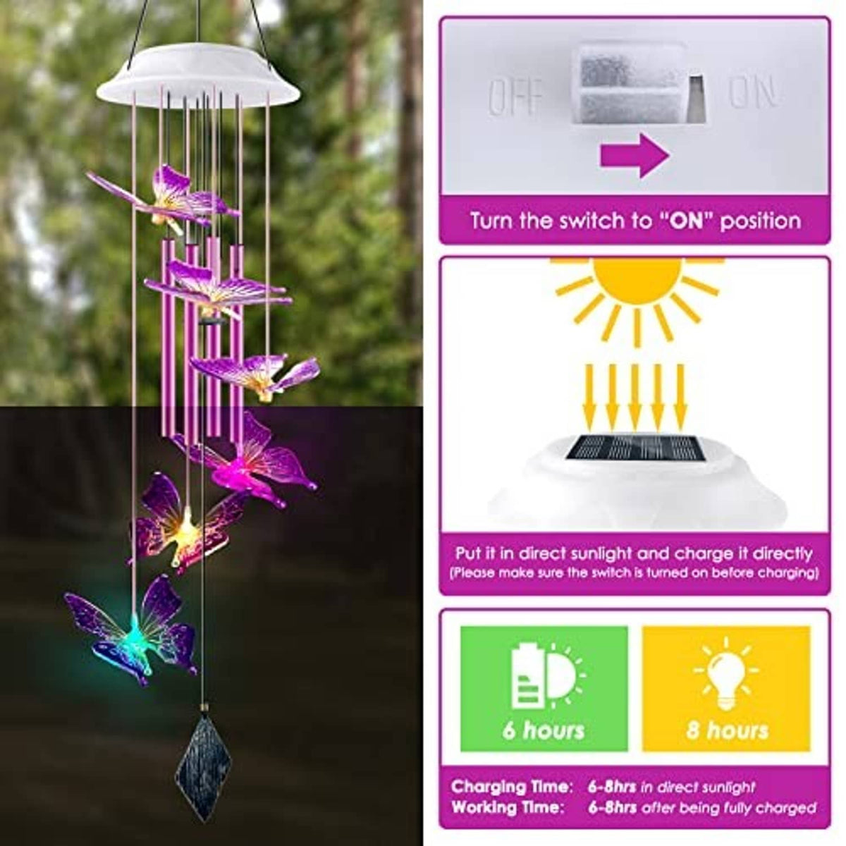 Solar butterfly wind chime with ON/OFF switch, charging solar panel, and glowing butterflies