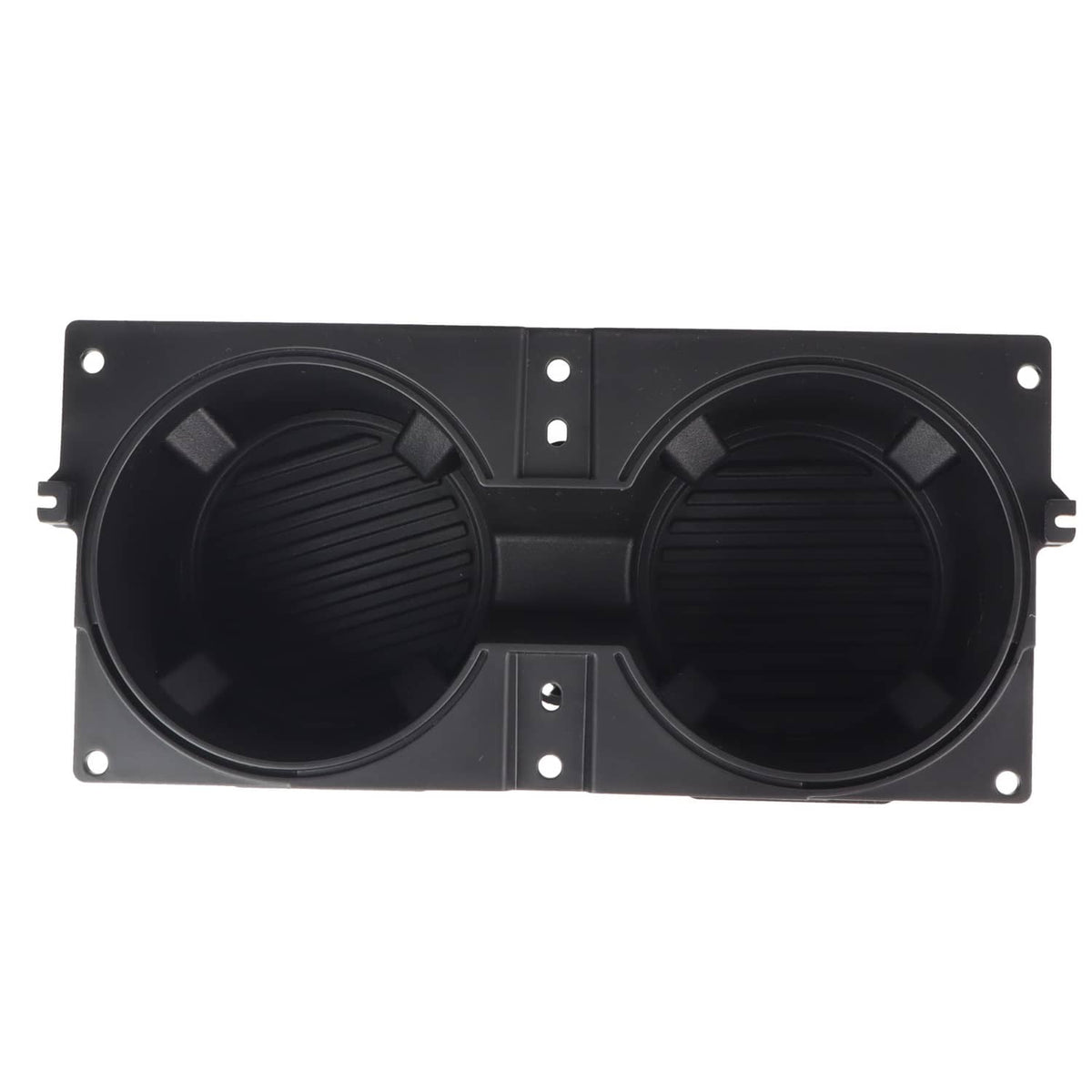 Black front center console cup holder panel with two round cup openings