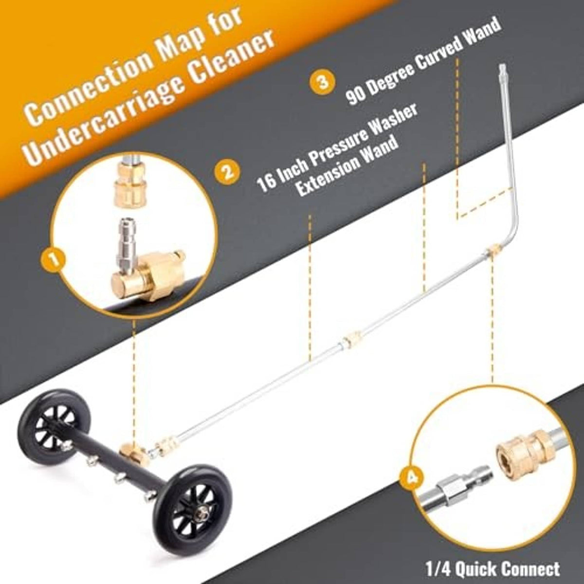 Undercarriage pressure washer extension wand with quick-connect plug and black wheel base