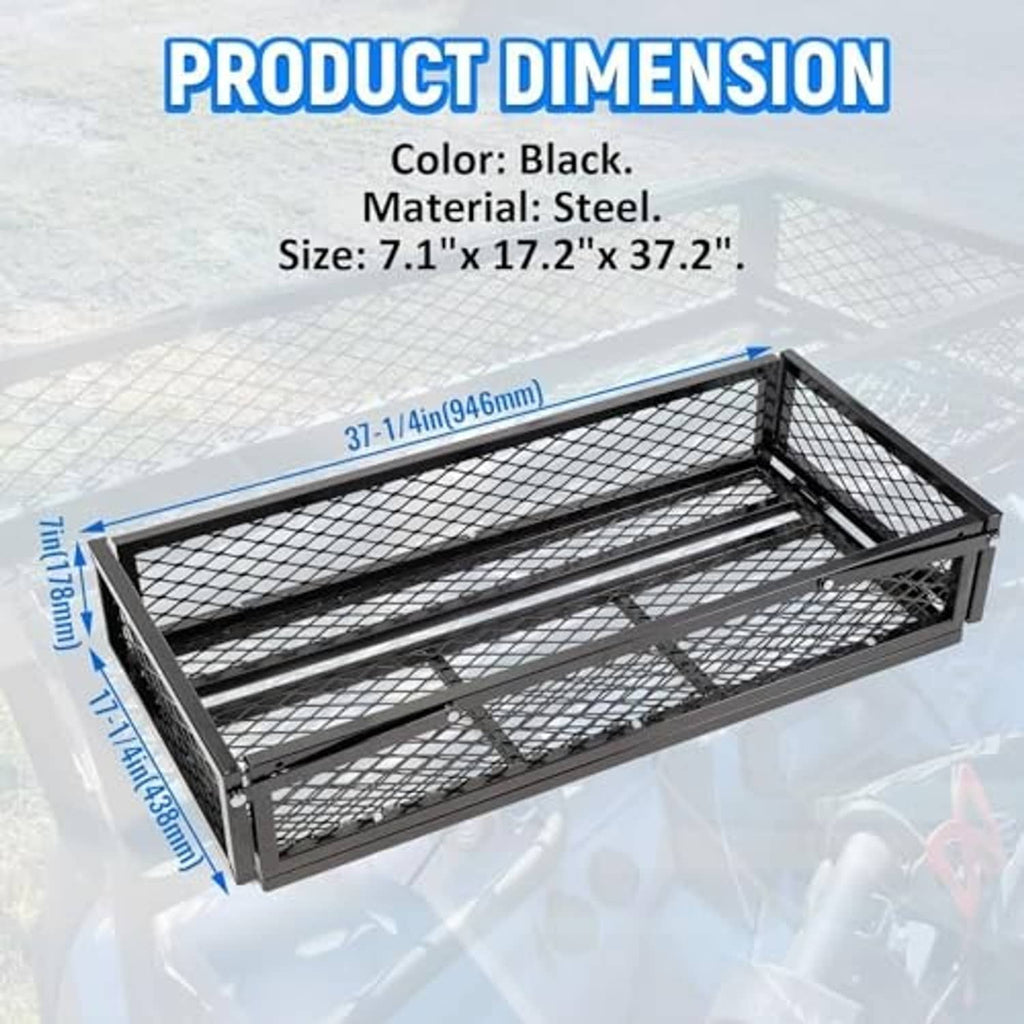 Black steel mesh cargo basket, open rectangular tray with grid sides and base